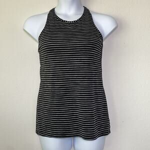 Womens Athleta Black‎ Gray Striped Chi Tank Small Racerback High Neck Athleisure